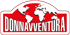 Logo rouge et blanc avec texte DONNAVVENTURA et carte du monde.